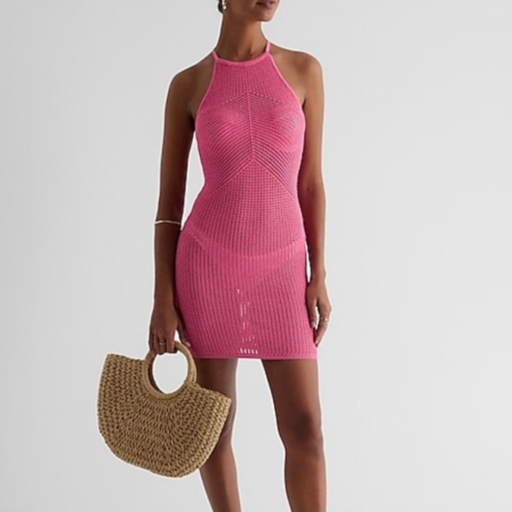 NWT Express Pink Knit Open Back Halter Swim Beach Cover Up M